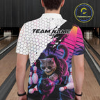 Custom Neon Funny Cat Bowling Team Polo Shirt, Retro Cat Lovers Gift For Bowlers