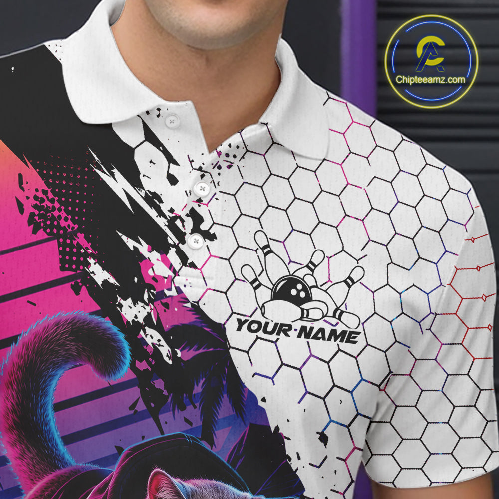 Custom Neon Funny Cat Bowling Team Polo Shirt, Retro Cat Lovers Gift For Bowlers