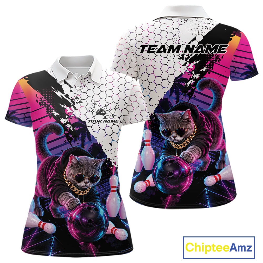 Custom Neon Funny Cat Bowling Team Polo Shirt, Retro Cat Lovers Gift For Bowlers