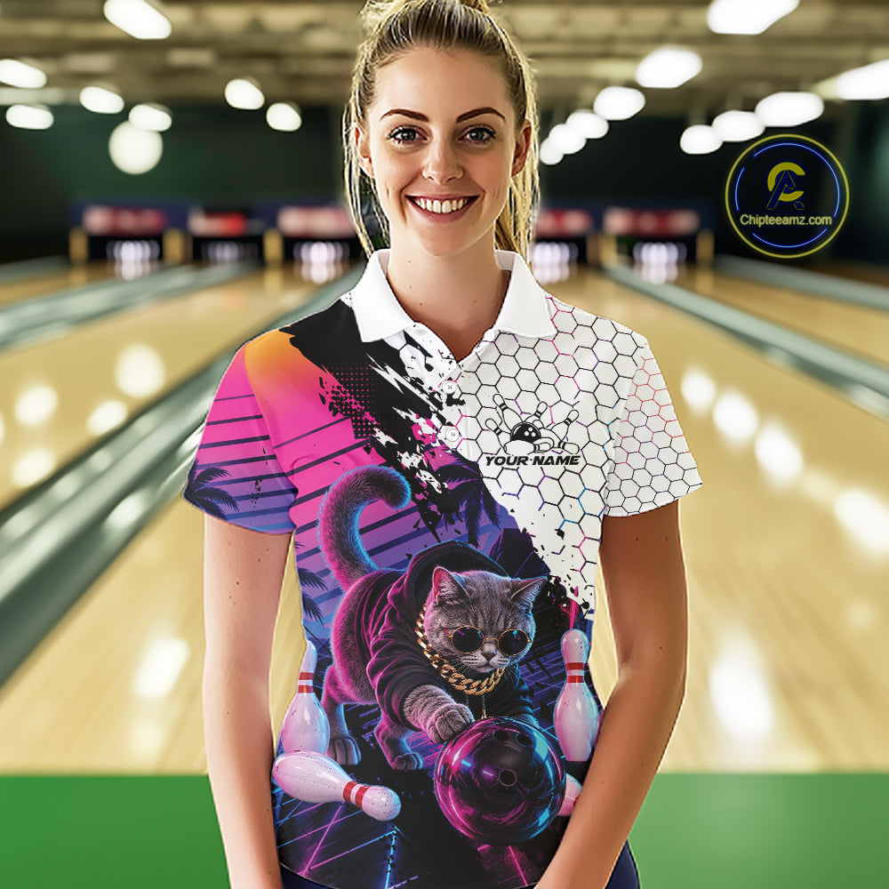 Custom Neon Funny Cat Bowling Team Polo Shirt, Retro Cat Lovers Gift For Bowlers