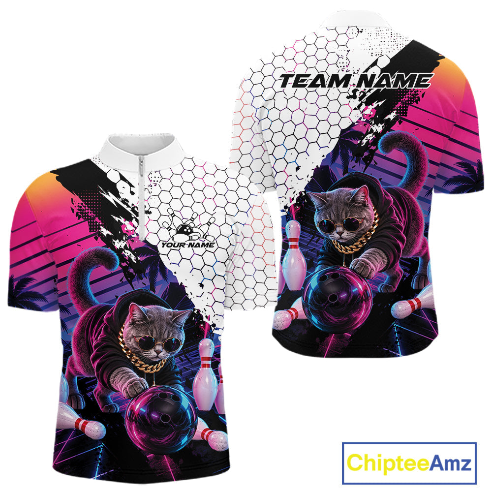 Custom Neon Funny Cat Bowling Team Quarter Zip Shirt, Retro Cat Lovers Gift For Bowlers