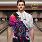 Custom Neon Funny Cat Bowling Team Quarter Zip Shirt, Retro Cat Lovers Gift For Bowlers