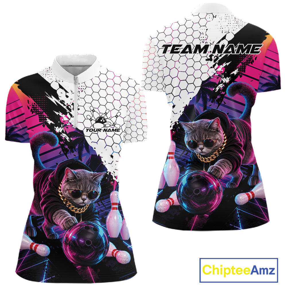 Custom Neon Funny Cat Bowling Quarter-Zip Shirt, Retro Cat Lovers Gift For Bowlers