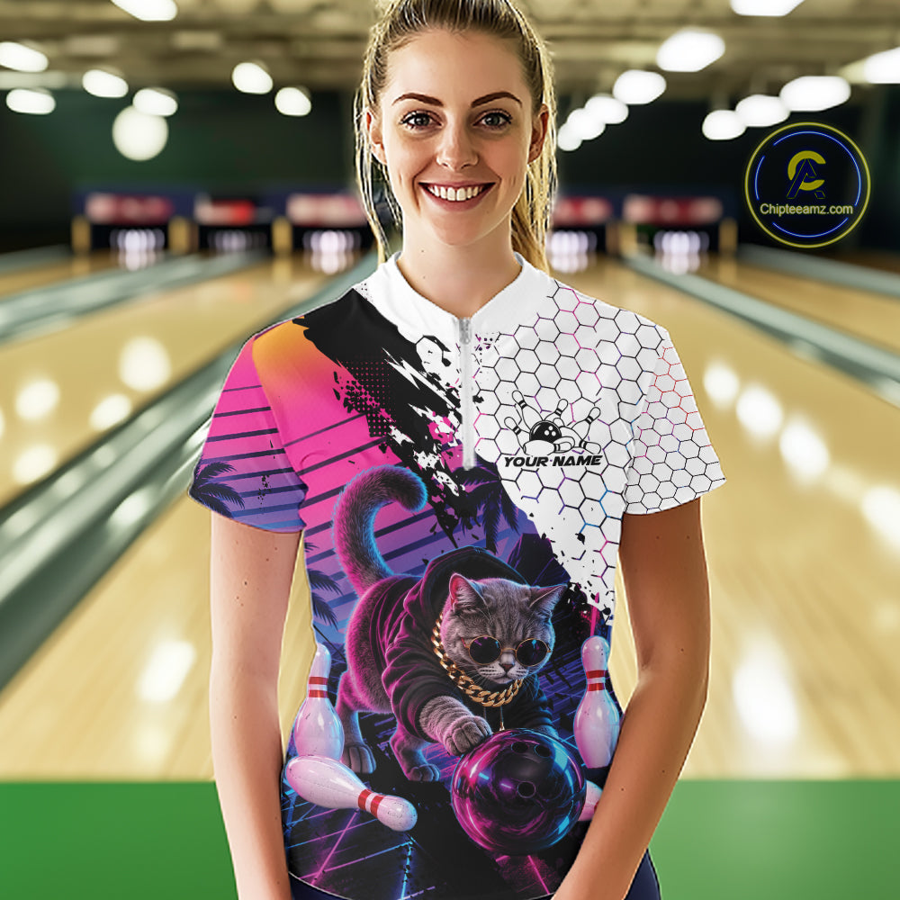 Custom Neon Funny Cat Bowling Quarter-Zip Shirt, Retro Cat Lovers Gift For Bowlers