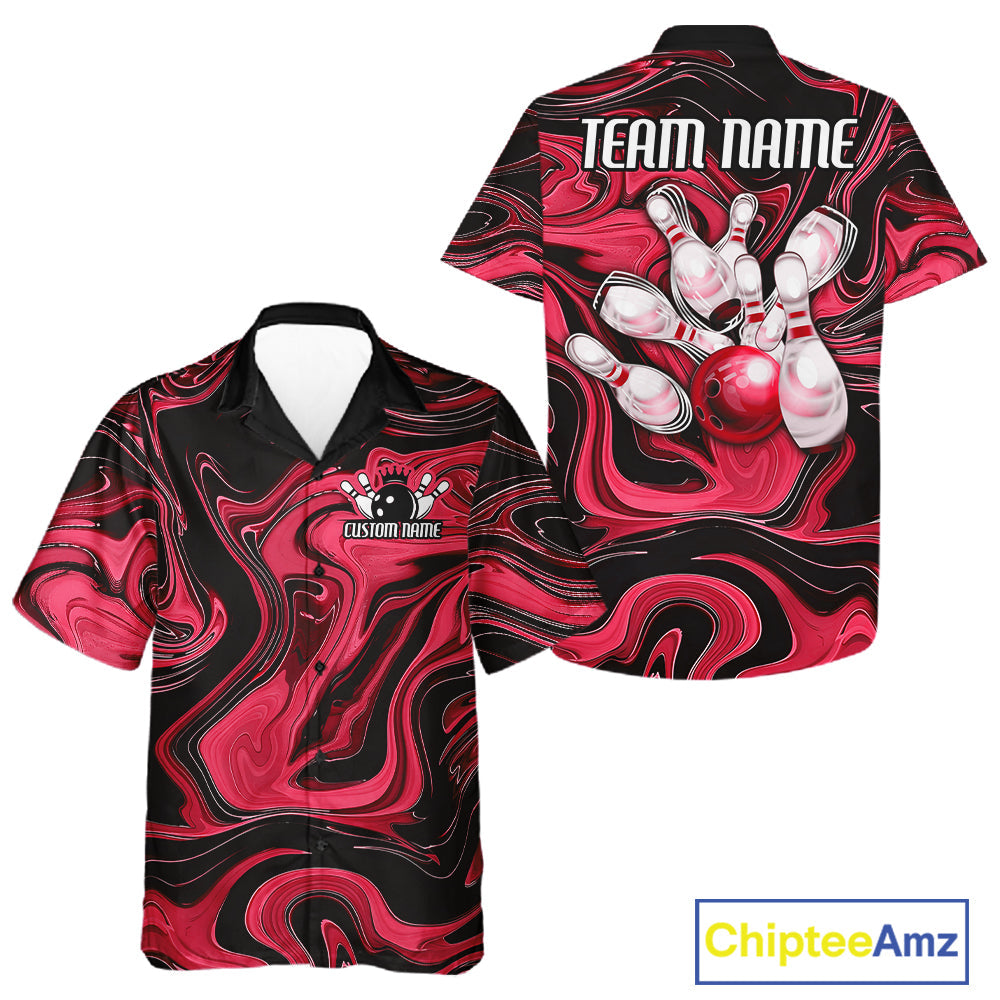 Custom Black And Red Liquid Marble Bowling Team And Button Up Shirt, Bowler Jersey