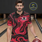 Custom Black And Red Liquid Marble Bowling Team Polo Shirt, Bowler Jersey