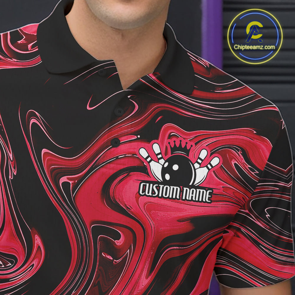 Custom Black And Red Liquid Marble Bowling Team Polo Shirt, Bowler Jersey