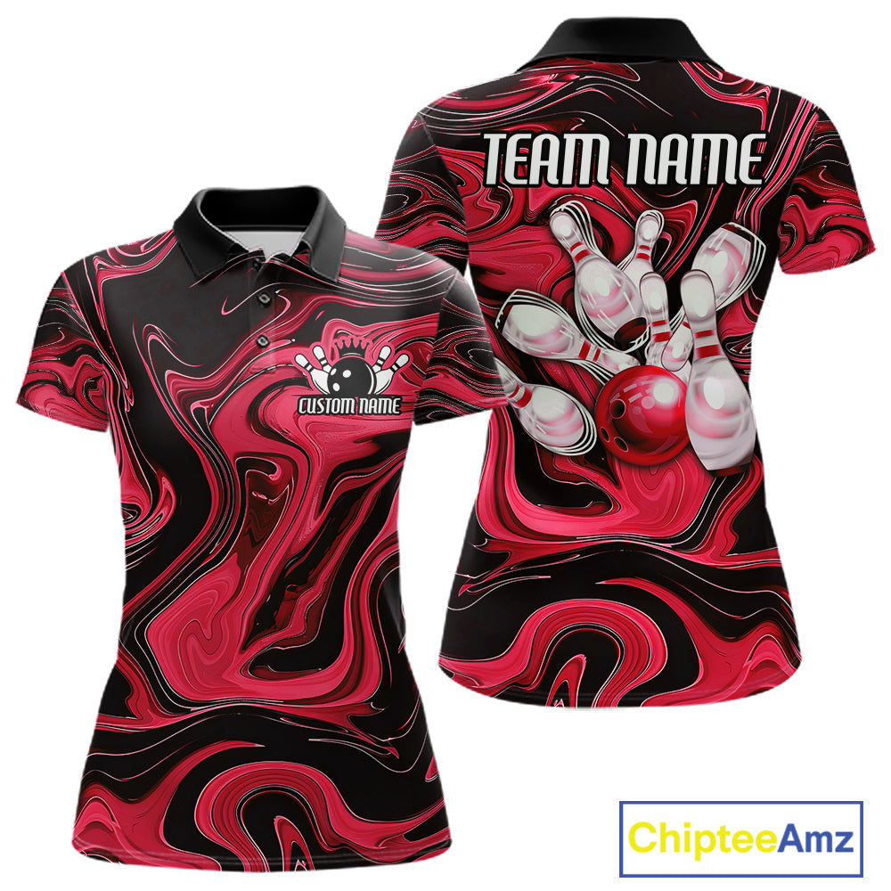 Custom Black And Red Liquid Marble Bowling Team Polo Shirt, Bowler Jersey
