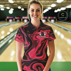 Custom Black And Red Liquid Marble Bowling Team Polo Shirt, Bowler Jersey