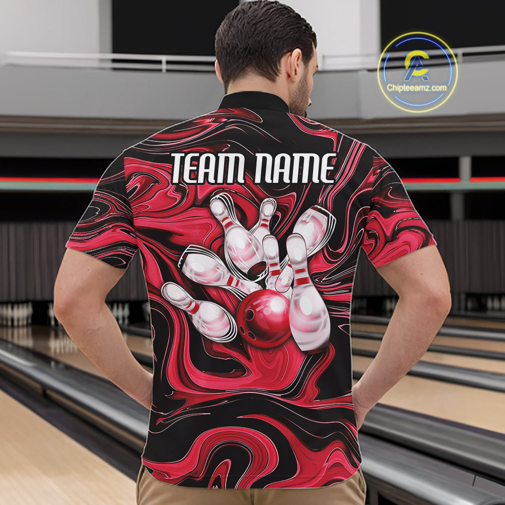 Custom Black And Red Liquid Marble Bowling Team Quarter Zip Shirt, Bowler Jersey