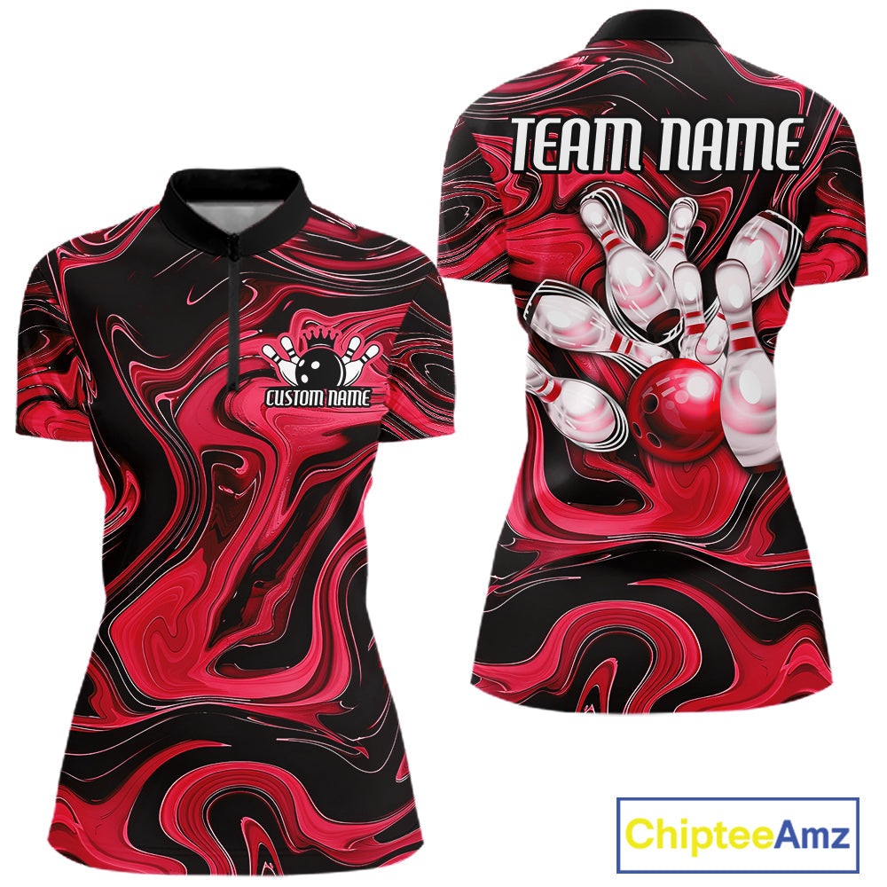 Custom Black And Red Liquid Marble Bowling Team Quarter-Zip Shirt, Bowler Jersey