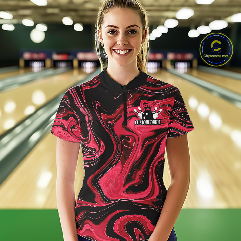 Custom Black And Red Liquid Marble Bowling Team Quarter-Zip Shirt, Bowler Jersey