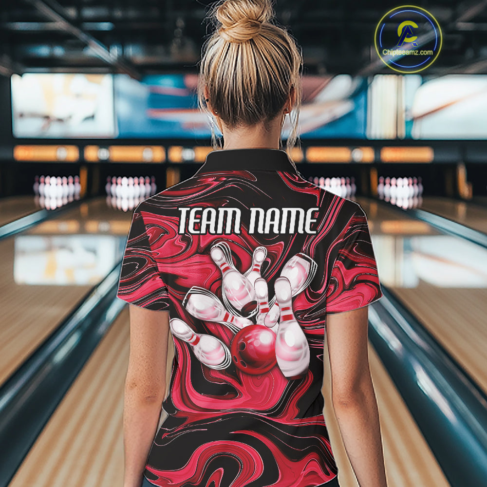 Custom Black And Red Liquid Marble Bowling Team Quarter-Zip Shirt, Bowler Jersey