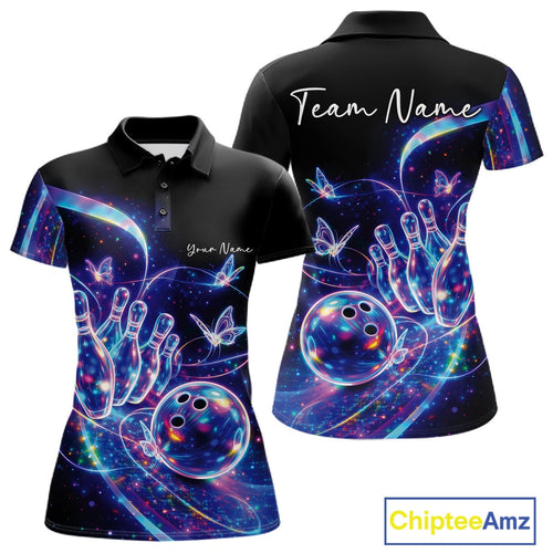 Custom Hologram Butterfly Bowling Polo Shirts, Galaxy Bowling Team Jerseys