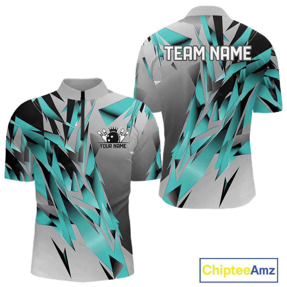 Turquoise Blue Custom Bowling Jersey, Matching Bowling Team Quarter Zip Shirt Bowler Gift