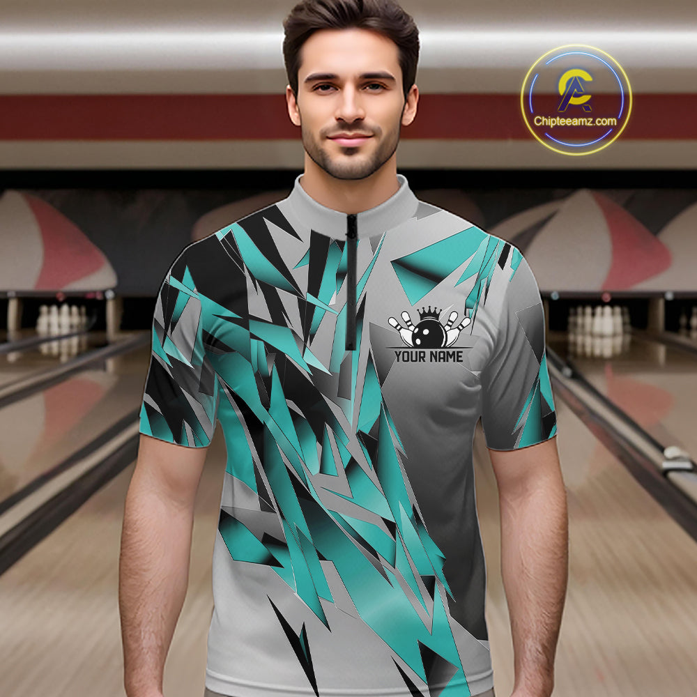 Turquoise Blue Custom Bowling Jersey, Matching Bowling Team Quarter Zip Shirt Bowler Gift