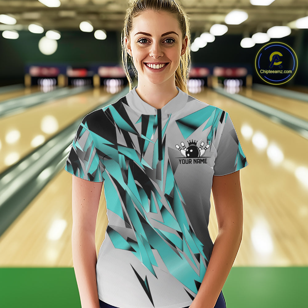 Turquoise Blue Custom Bowling Jersey, Matching Bowling Team Quarter-Zip Shirt