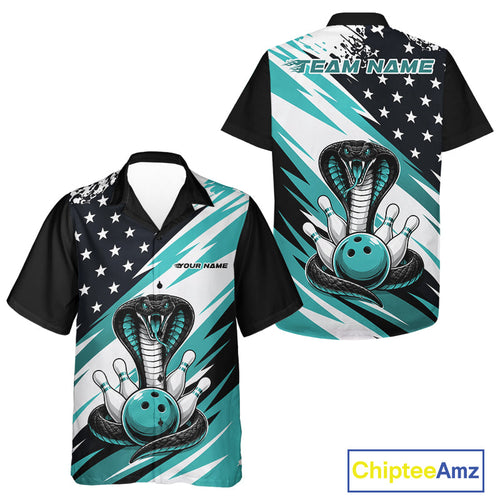 Custom Blue American Flag Patriotic Cobra Bowling And Hawaiian Shirt, US Bowling Jerseys
