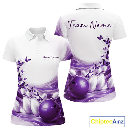 Custom Purple Butterfly Bowling Polo Shirt, Bowling Team Outfits