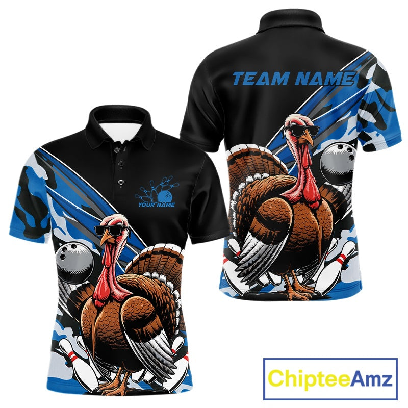 Custom Blue Camo Funny Turkey Bowling Team Shirt, Turkey Bowling Jerseys