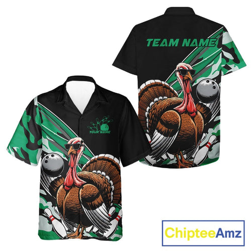 Custom Green Camo Funny Turkey Bowling Team Shirt And, Turkey Bowling Jerseys