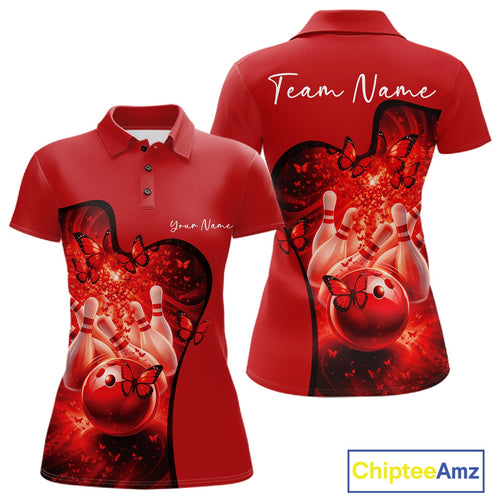 Custom Red Butterfly Bowling Team Polo Shirt, Bowlers Outfit