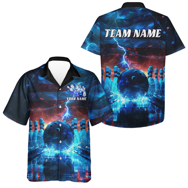 Blue Lightning Patriotic American Flag Custom Bowling Team Shirts And