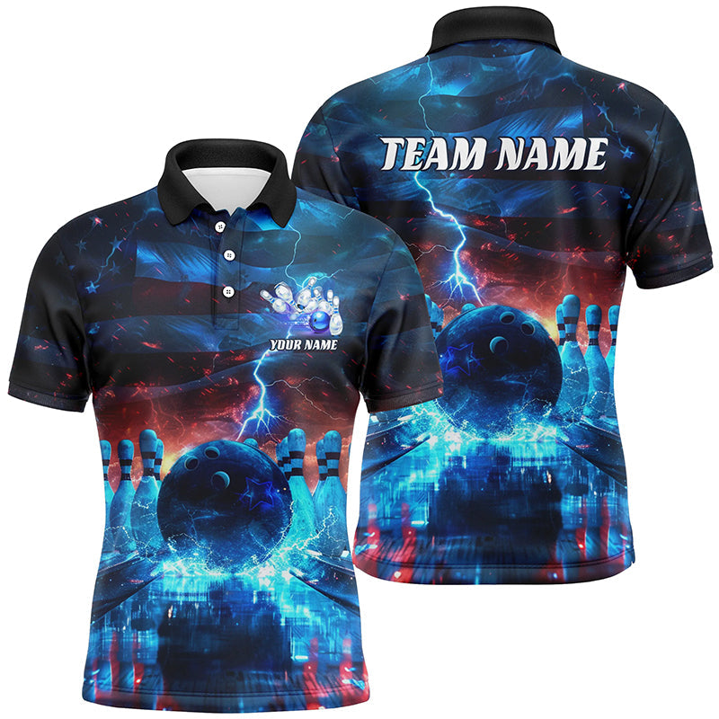 Blue Lightning Patriotic American Flag Custom Bowling Team Shirts And