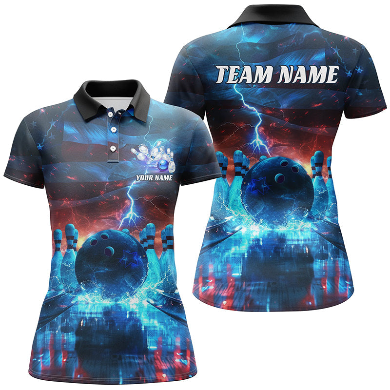 Blue Lightning Patriotic American Flag Custom Bowling Team Shirts