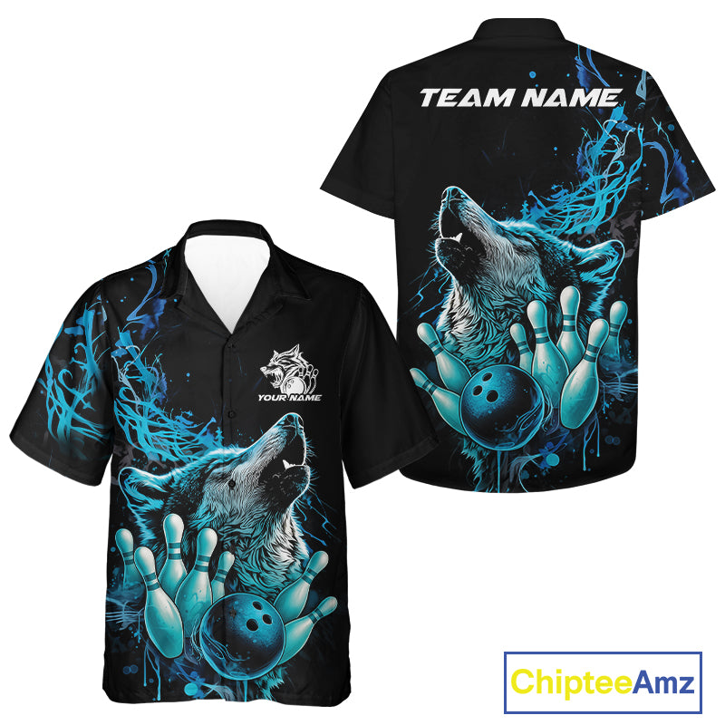 Custom Blue Wolf Howling And Hawaiian Shirt, Wolf Bowling Team Jerseys