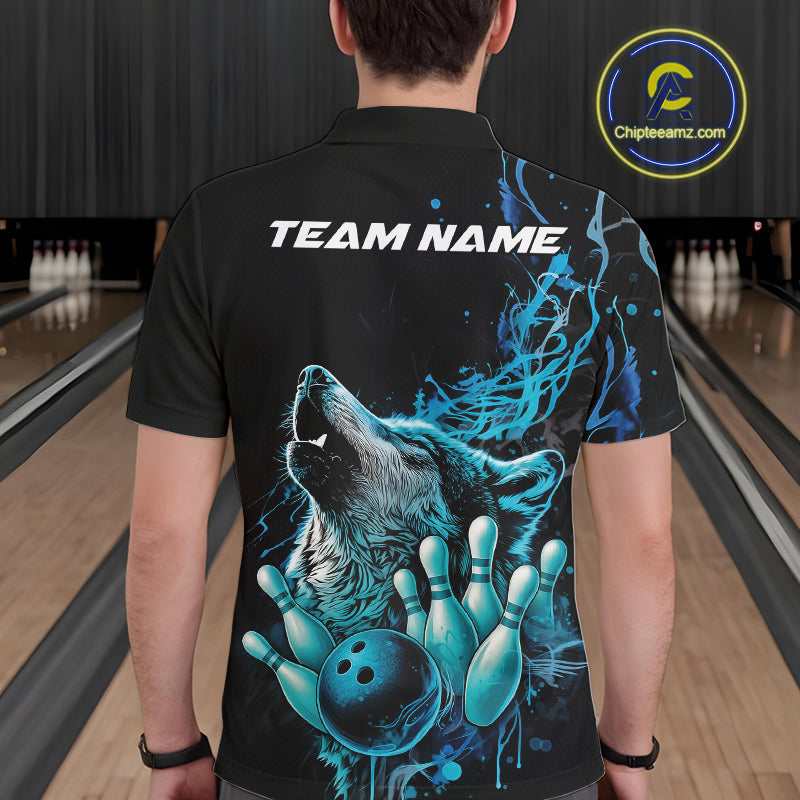 Custom Blue Wolf Howling Polo Shirt, Wolf Bowling Team Jerseys