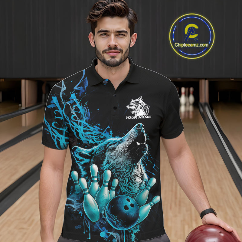 Custom Blue Wolf Howling Polo Shirt, Wolf Bowling Team Jerseys