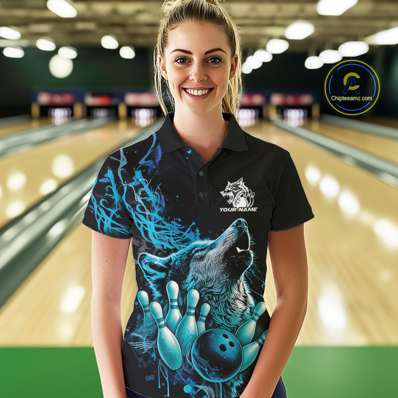 Custom Blue Wolf Howling Polo Shirt, Wolf Bowling Team Jerseys