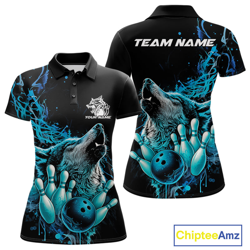 Custom Blue Wolf Howling Polo Shirt, Wolf Bowling Team Jerseys
