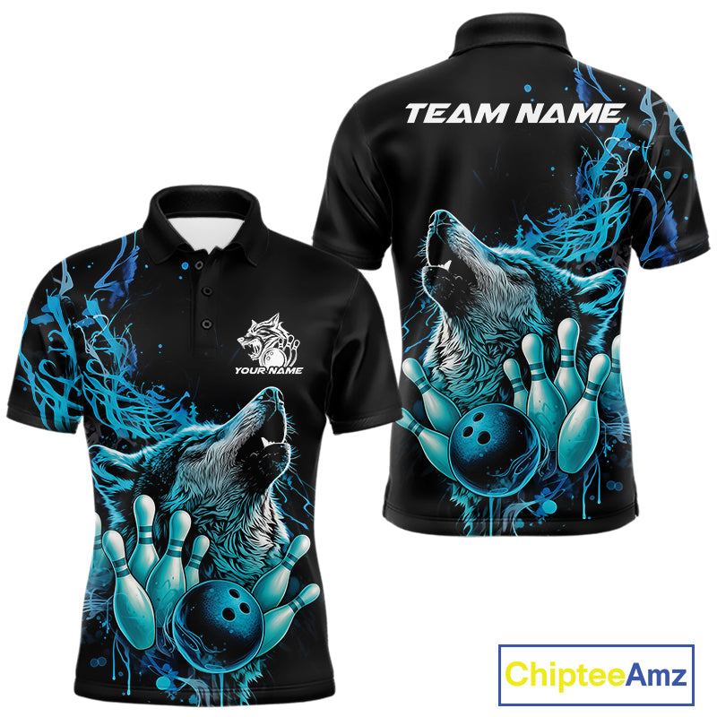 Custom Blue Wolf Howling Polo Shirt, Wolf Bowling Team Jerseys