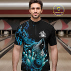 Custom Blue Wolf Howling Quarter-Zip Shirt, Wolf Bowling Team Jerseys