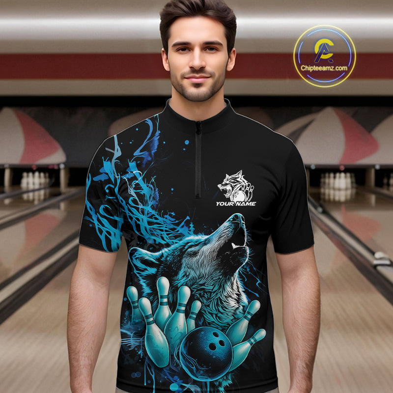Custom Blue Wolf Howling Quarter-Zip Shirt, Wolf Bowling Team Jerseys
