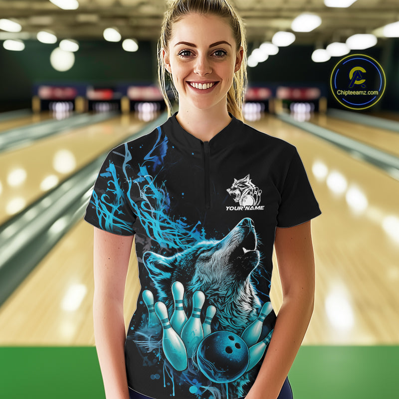 Custom Blue Wolf Howling Quarter-Zip Shirt, Wolf Bowling Team Jerseys