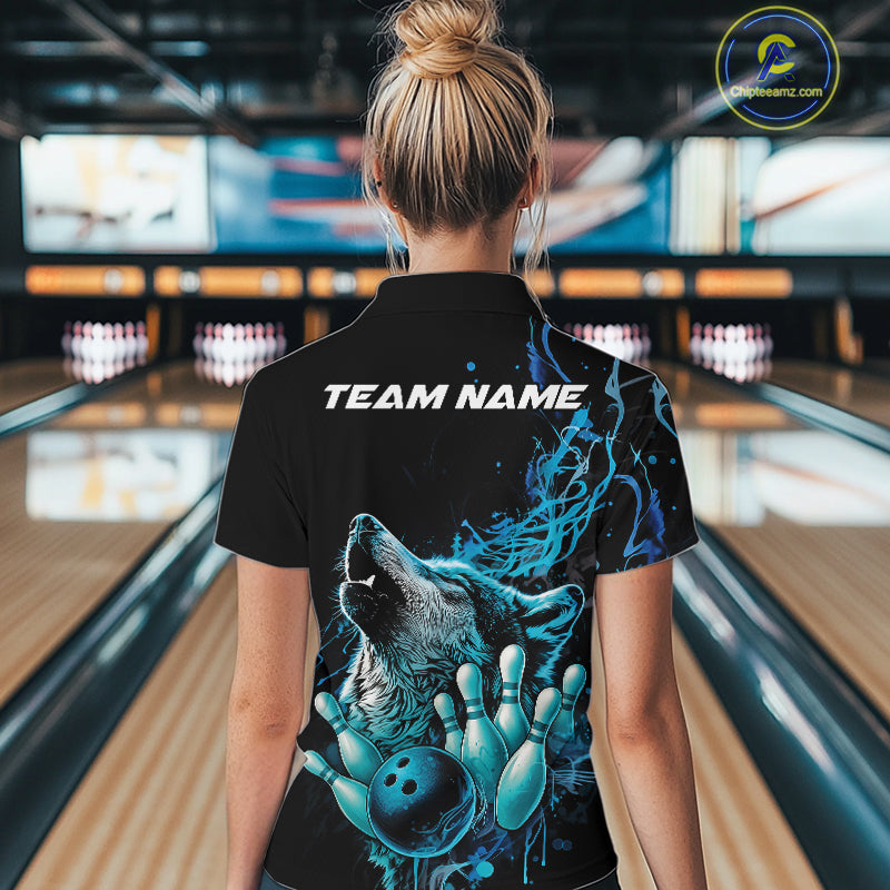 Custom Blue Wolf Howling Quarter-Zip Shirt, Wolf Bowling Team Jerseys