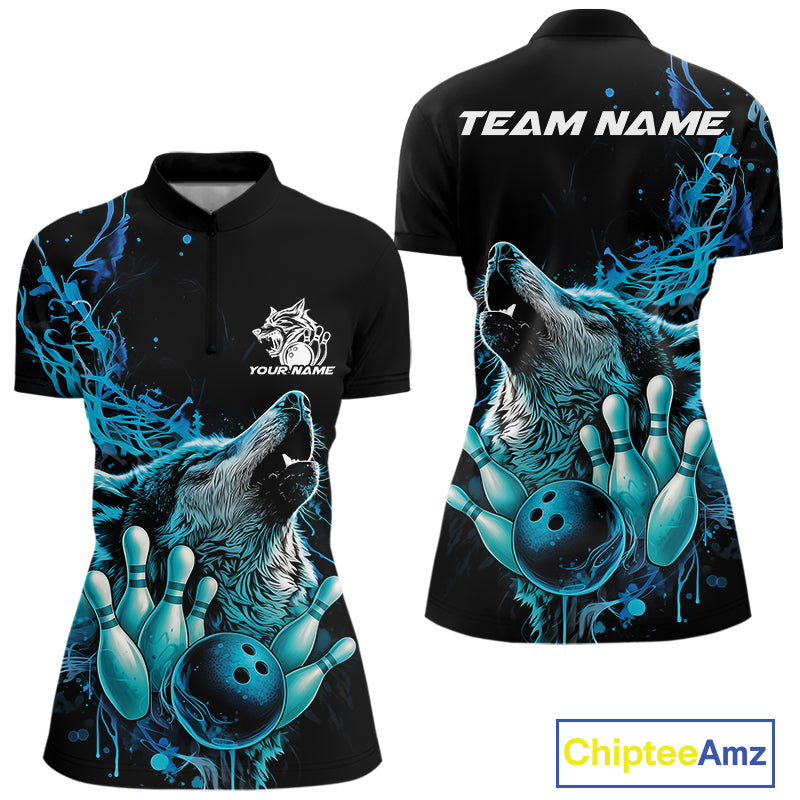 Custom Blue Wolf Howling Quarter-Zip Shirt, Wolf Bowling Team Jerseys