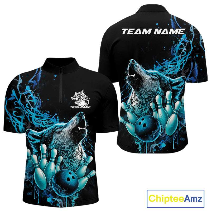 Custom Blue Wolf Howling Quarter-Zip Shirt, Wolf Bowling Team Jerseys
