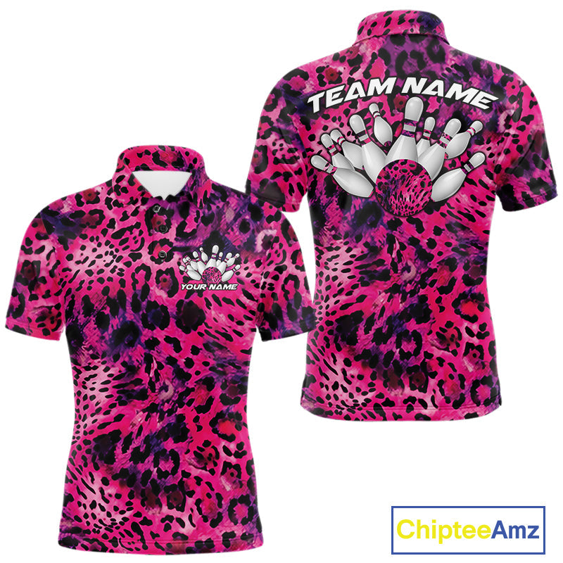 Custom Pink Purple Leopard Cheetah Pattern Bowling Polo Shirts, Zebra Bowling Jerseys