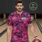 Custom Pink Purple Leopard Cheetah Pattern Bowling Polo Shirts, Zebra Bowling Jerseys
