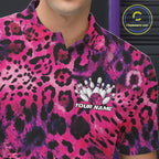 Custom Pink Purple Leopard Cheetah Pattern Bowling Polo Shirts, Zebra Bowling Jerseys