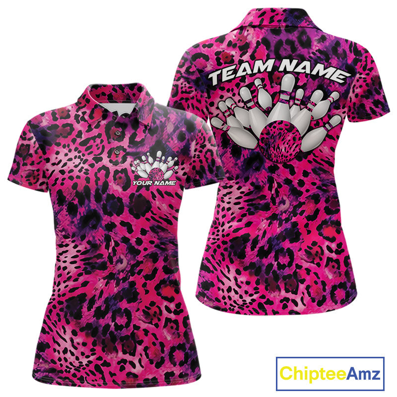Custom Pink Purple Leopard Cheetah Pattern Bowling Polo Shirts, Zebra Bowling Jerseys