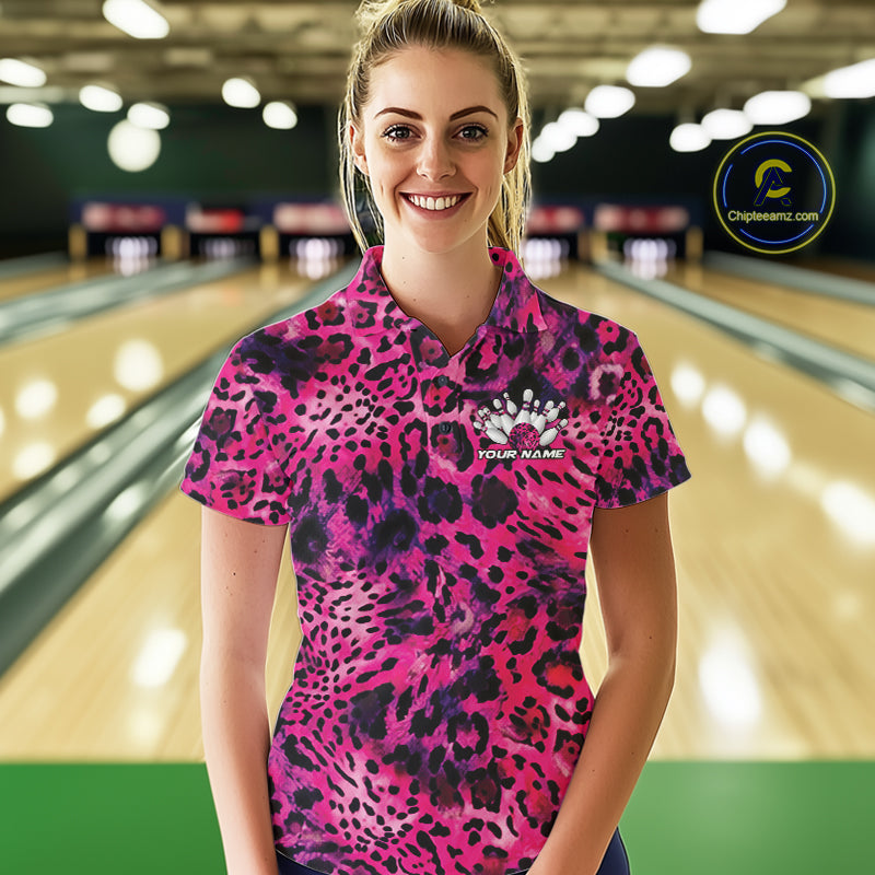 Custom Pink Purple Leopard Cheetah Pattern Bowling Polo Shirts, Zebra Bowling Jerseys