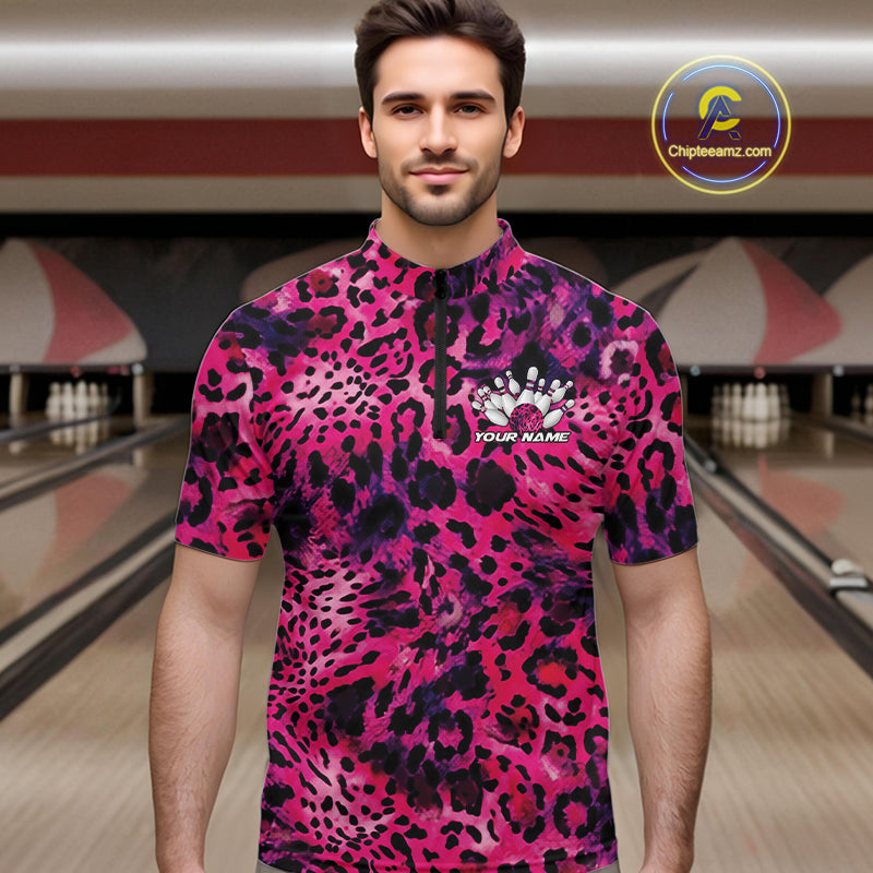 Custom Pink Purple Leopard Cheetah Pattern Bowling Quarter-Zip Shirts, Zebra Bowling Jerseys