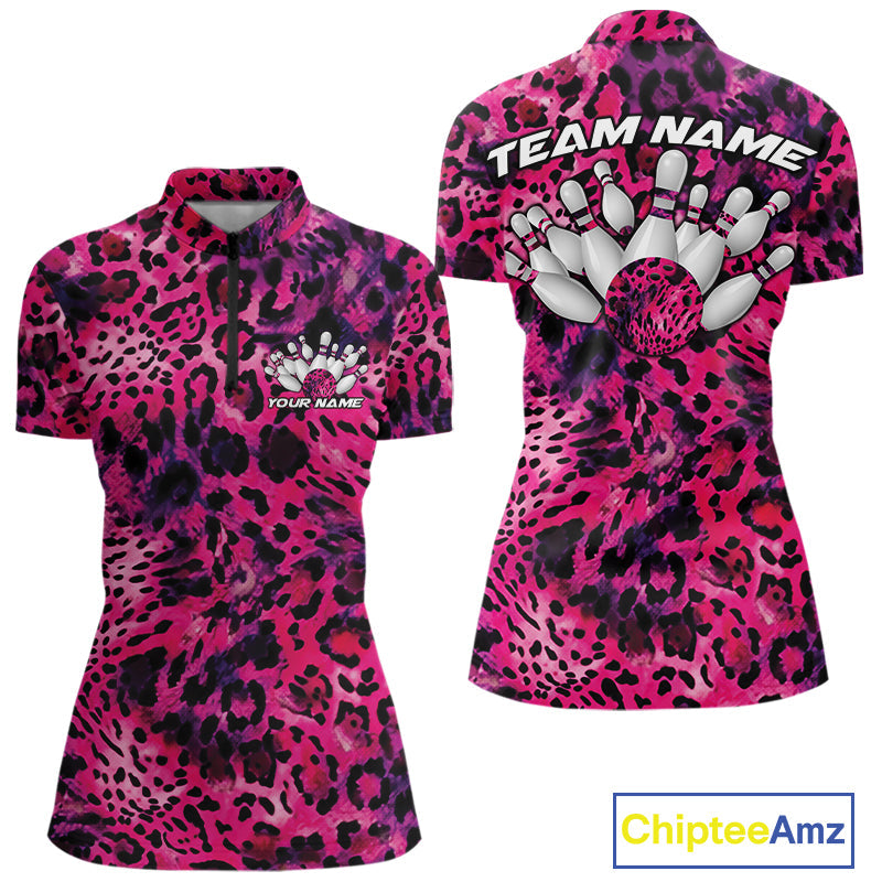 Custom Pink Purple Leopard Cheetah Pattern Bowling Shirts, Zebra Bowling Jerseys