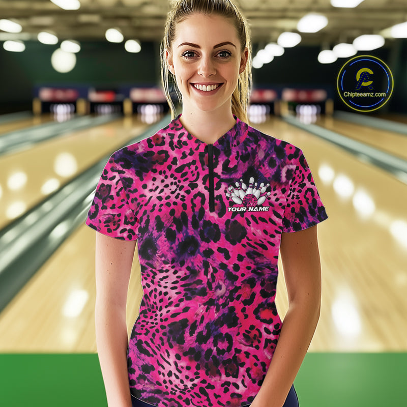 Custom Pink Purple Leopard Cheetah Pattern Bowling Shirts, Zebra Bowling Jerseys