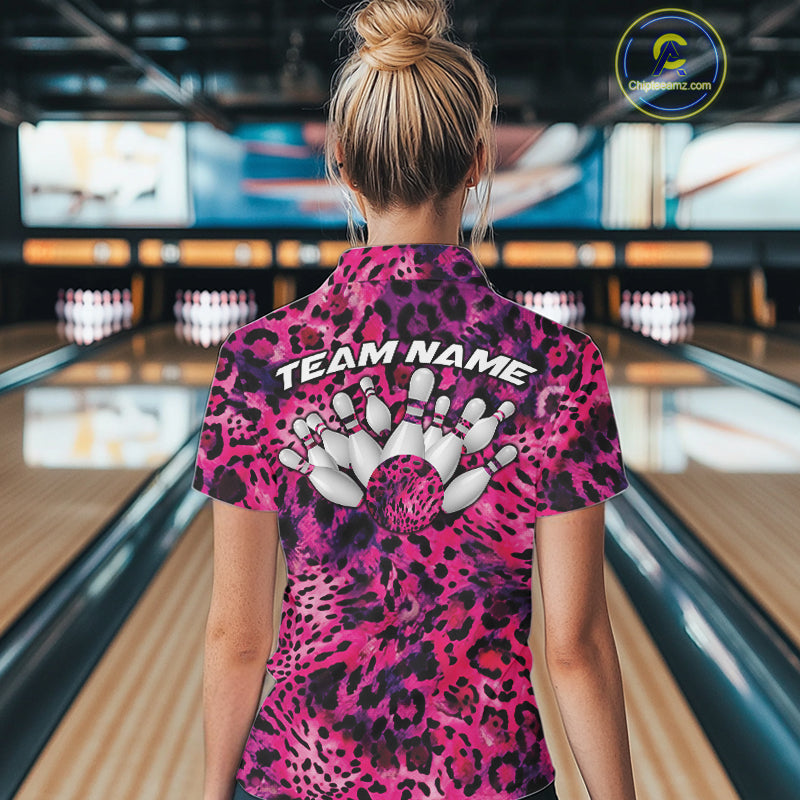 Custom Pink Purple Leopard Cheetah Pattern Bowling Shirts, Zebra Bowling Jerseys